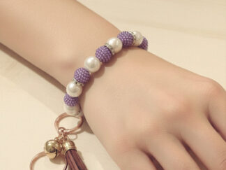 purple & pearl beaded keychain bracelet with tassel charm